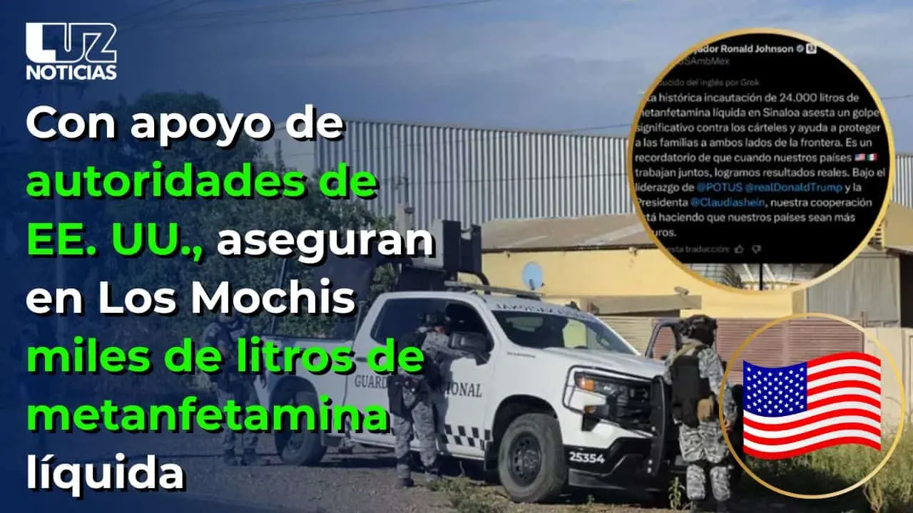 Con apoyo de autoridades de EE. UU., aseguran en Los Mochis miles de litros de metanfetamina líquida
Con apoyo de autoridades de EE. UU., aseguran en Los Mochis miles de litros de metanfetamina líquida