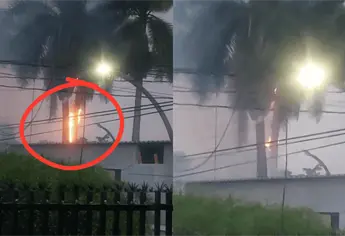 Rayo cae en la colonia Scally y deja una palma incendiada durante intensa tormenta en Los Mochis | VIDEO
