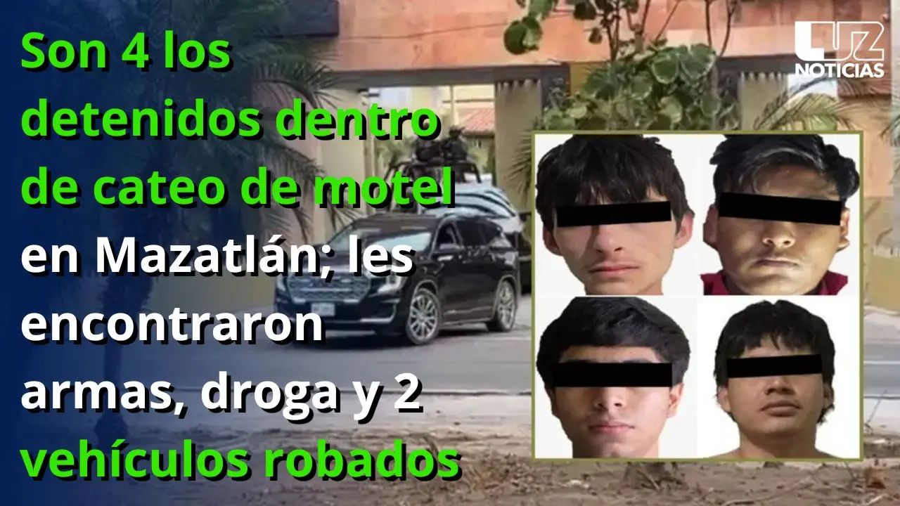 Detienen a 4 hombres en cateo de motel en Mazatlán; les aseguran armas, droga y 2 vehículos robados
Detienen a 4 hombres en cateo de motel en Mazatlán; les aseguran armas, droga y 2 vehículos robados