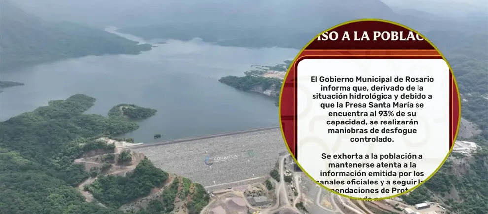 Presa Santa María al 93% de su capacidad; realizarán desfogue controlado en Rosario Presa Santa María al 93% de su capacidad; realizarán desfogue controlado en Rosario